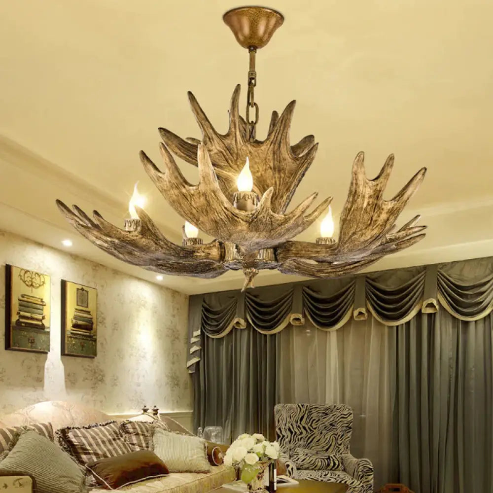Deer Antler Resin Ceiling Light Traditional 5 - Bulb Living Room Pendant Chandelier In Brown