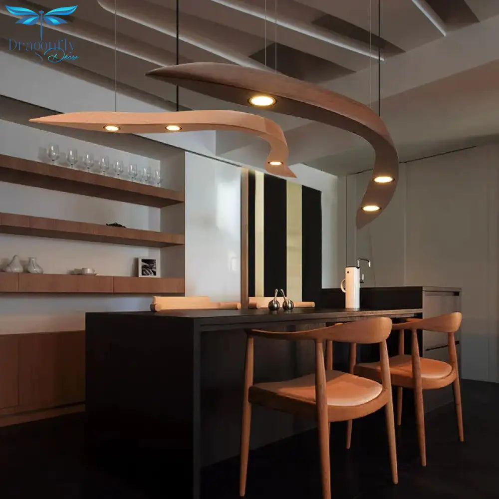 Designer Creative Solid Wood Bent Pendant Light Modern Simple Art Restaurant Led For Dining Room