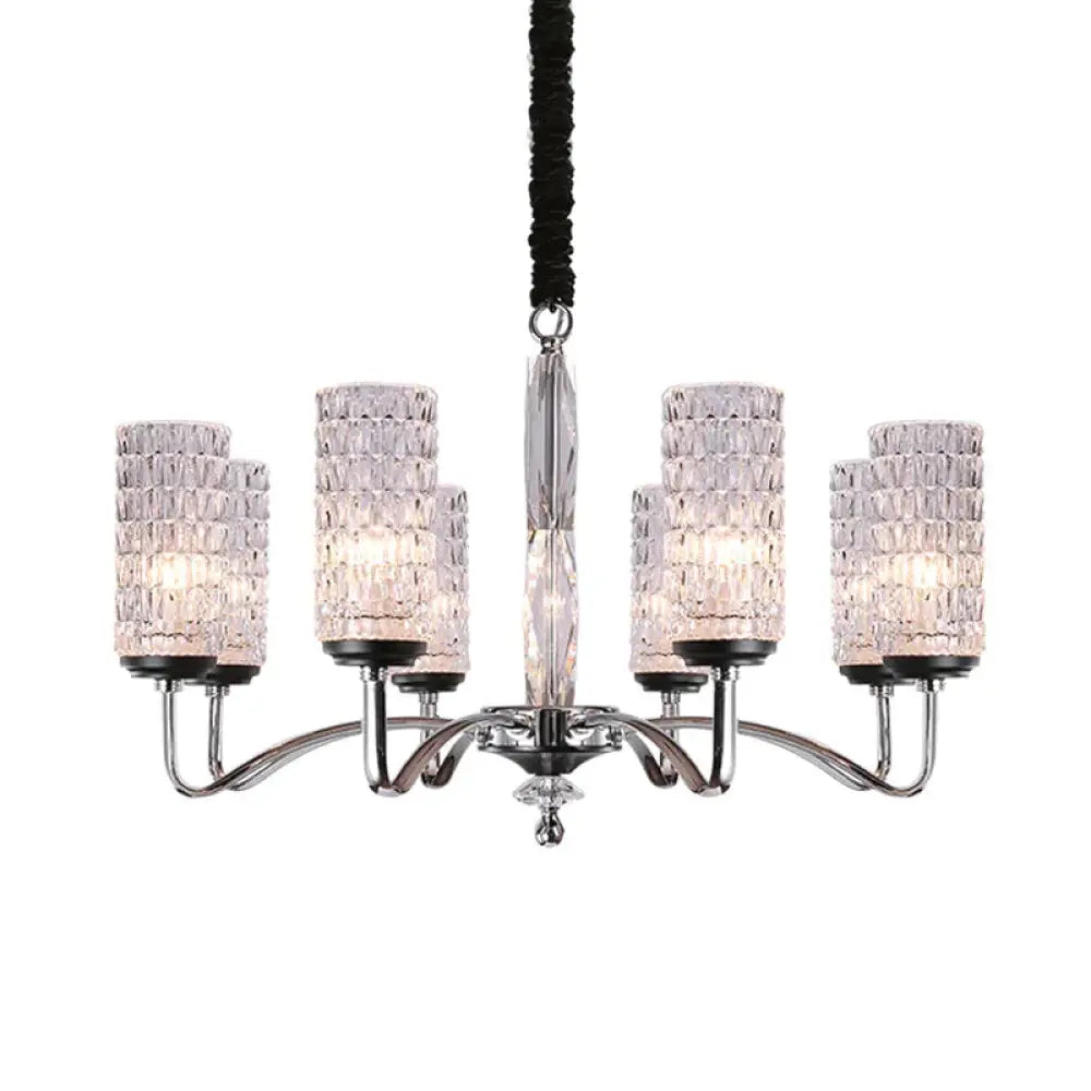 Dimpled Crystal Chrome Pendant Light Cylinder 8 Heads Simple Style Ceiling Chandelier