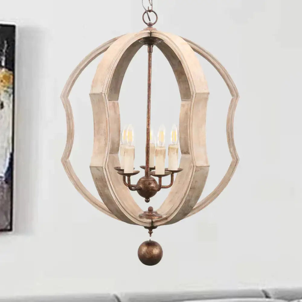 Distressed White Globe Chandelier Lighting Modern Wood 5 Bulbs Pendant Light Fixture With