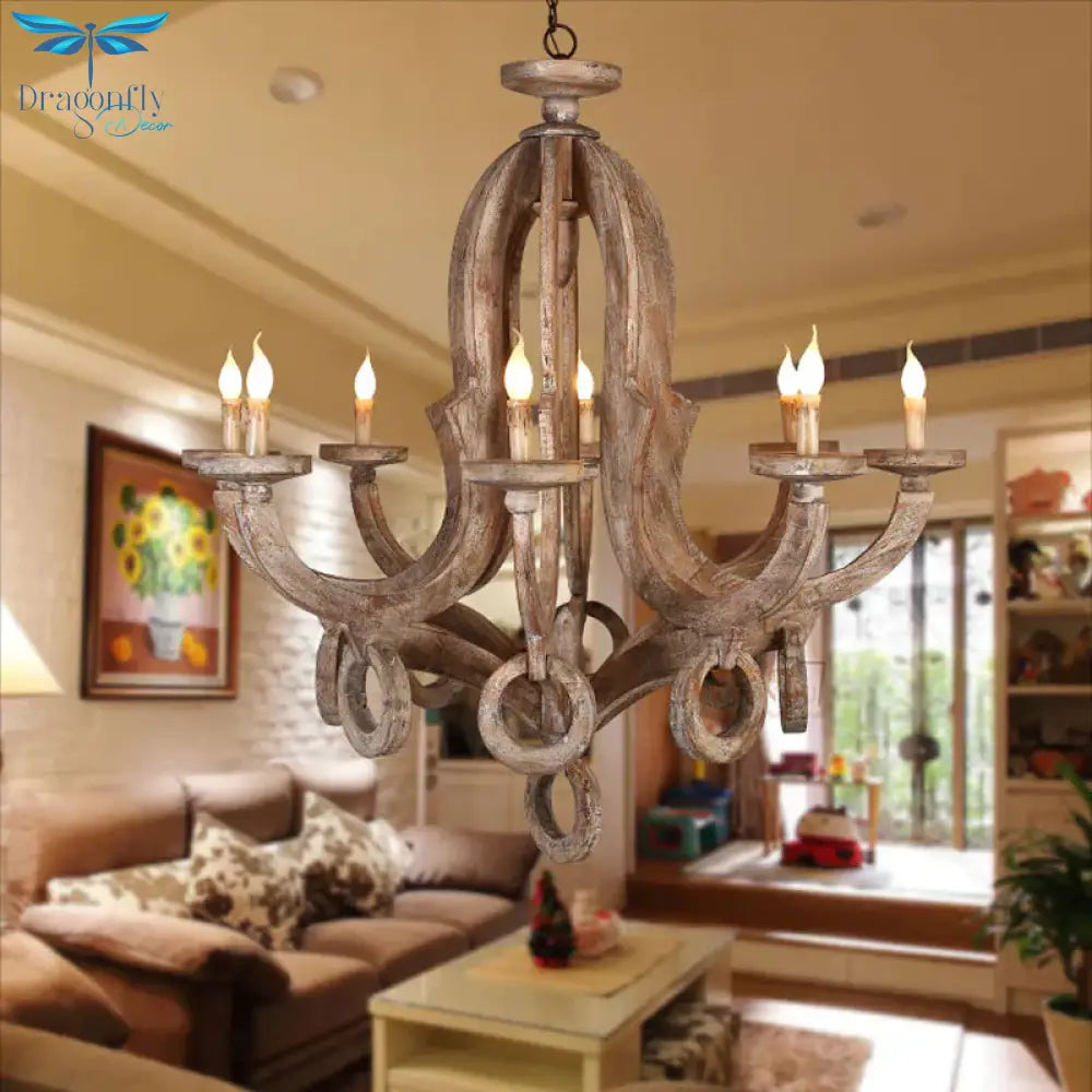 Distressed Wood Ceiling Chandelier Pendant Light With Curved Frame