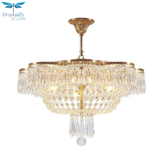 Dome Bedroom Hanging Chandelier Simple Crystal Strand 4 Heads Gold Suspension Light Fixture