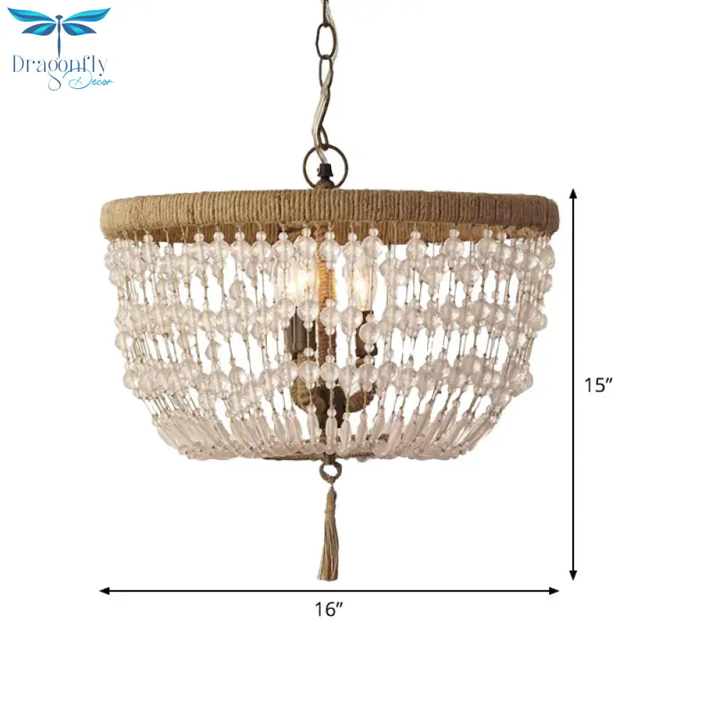 Dome Chandelier Light Rustic Crystal 3 Heads Clear Hanging Lamp With Rope Ring For Bedroom