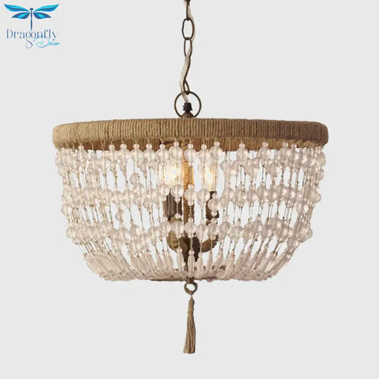 Dome Chandelier Light Rustic Crystal 3 Heads Clear Hanging Lamp With Rope Ring For Bedroom