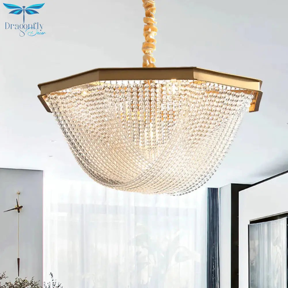 Dome Chandelier Lighting Fixture Postmodern Crystal Strand 5/6 Lights Gold Hanging Lamp