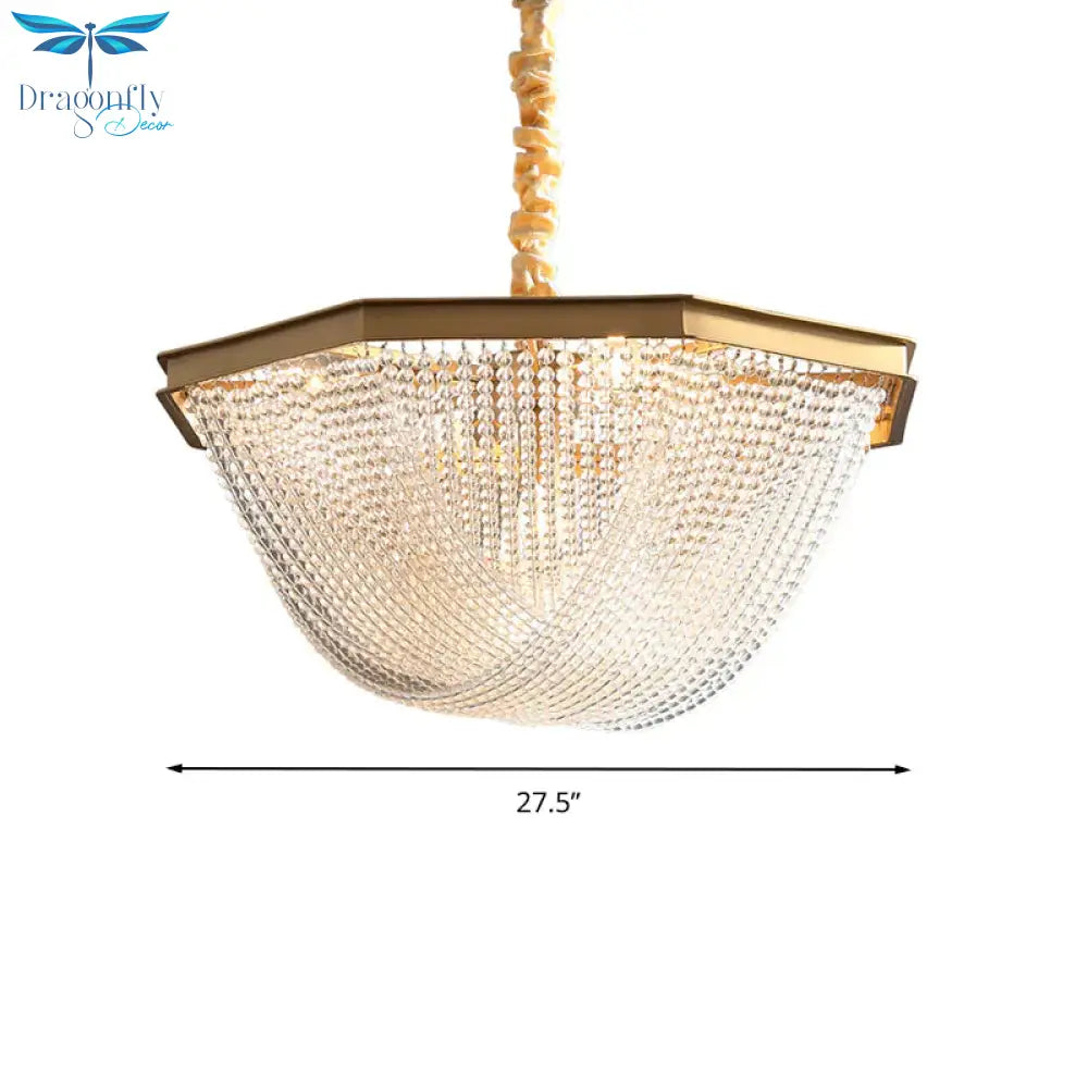 Dome Chandelier Lighting Fixture Postmodern Crystal Strand 5/6 Lights Gold Hanging Lamp