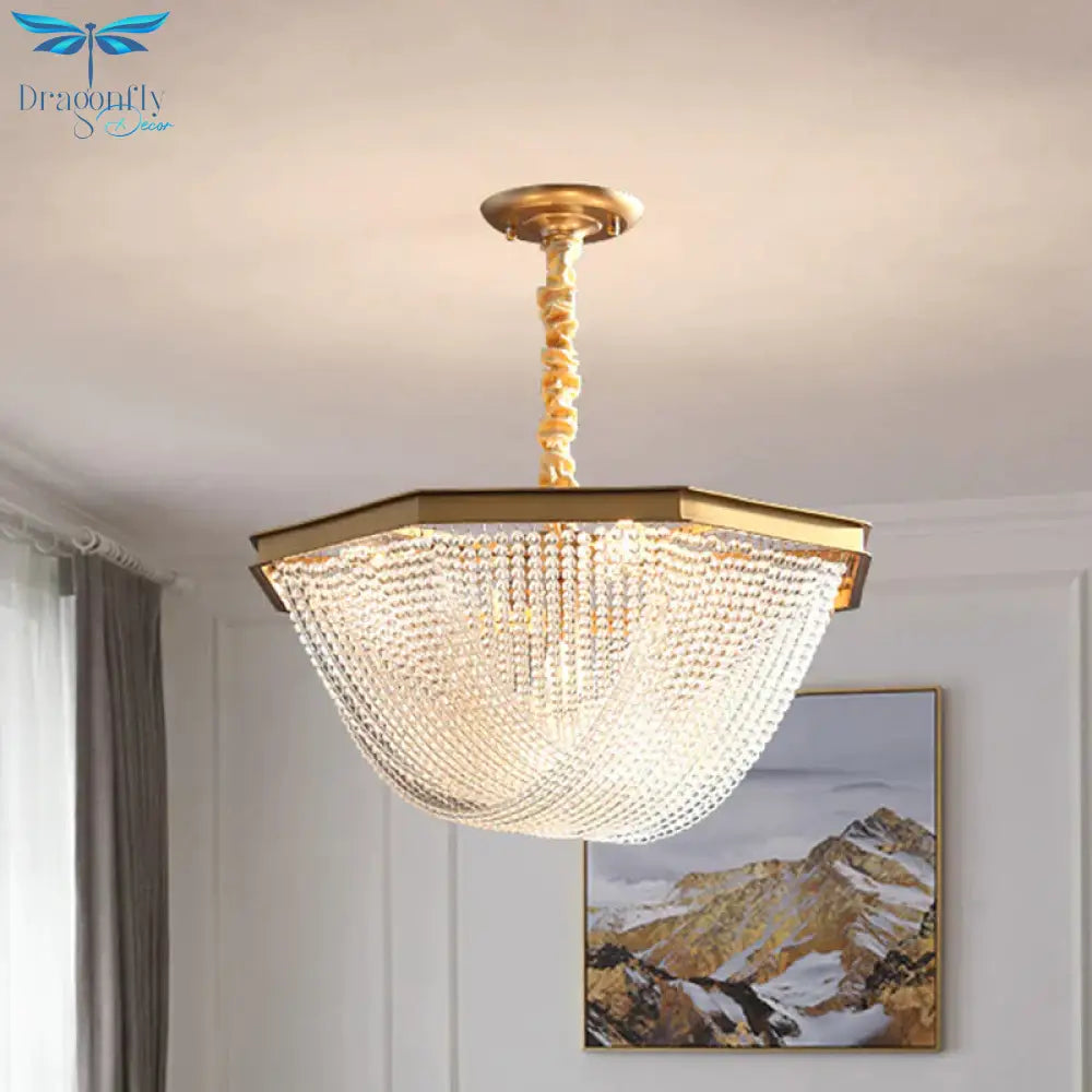 Dome Chandelier Lighting Fixture Postmodern Crystal Strand 5/6 Lights Gold Hanging Lamp