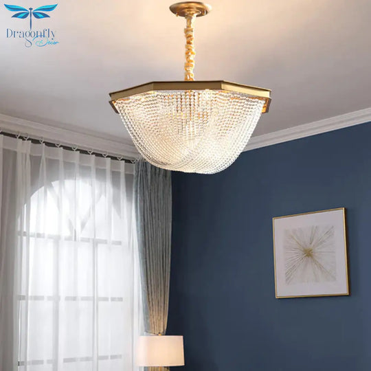 Dome Chandelier Lighting Fixture Postmodern Crystal Strand 5/6 Lights Gold Hanging Lamp