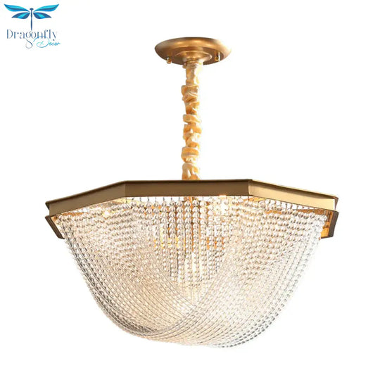 Dome Chandelier Lighting Fixture Postmodern Crystal Strand 5/6 Lights Gold Hanging Lamp