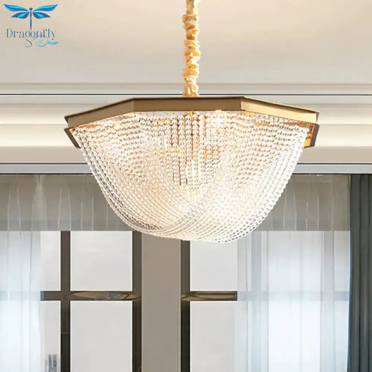 Dome Chandelier Lighting Fixture Postmodern Crystal Strand 5/6 Lights Gold Hanging Lamp