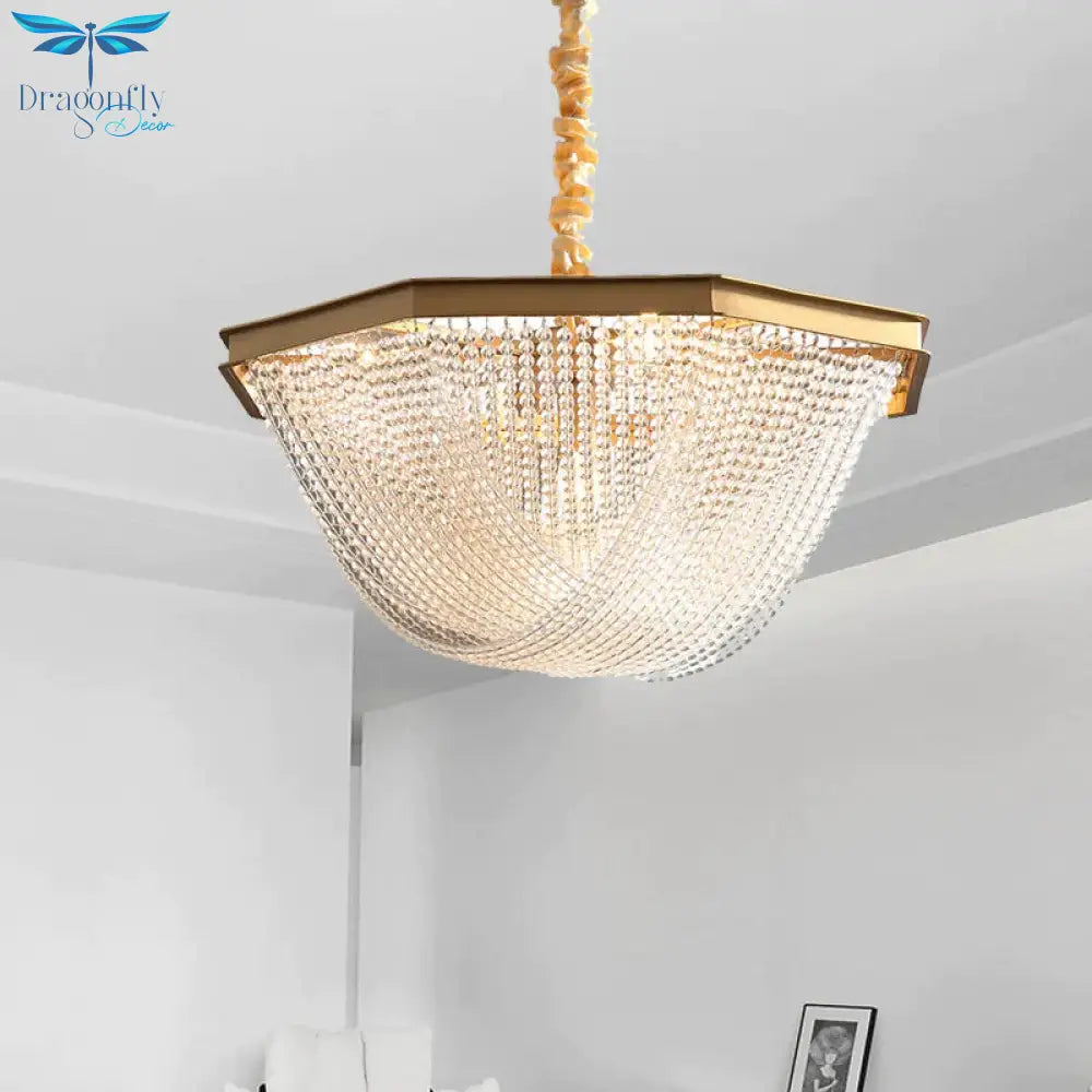 Dome Chandelier Lighting Fixture Postmodern Crystal Strand 5/6 Lights Gold Hanging Lamp