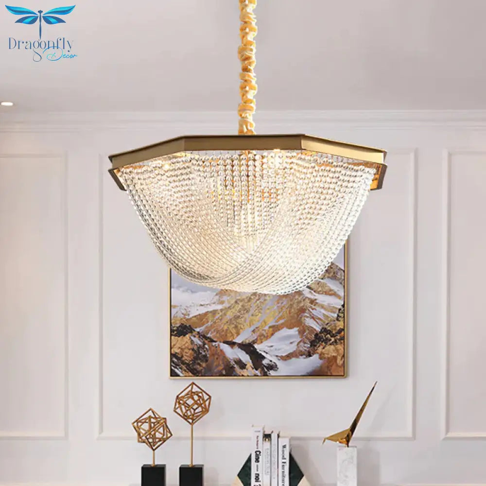 Dome Chandelier Lighting Fixture Postmodern Crystal Strand 5/6 Lights Gold Hanging Lamp