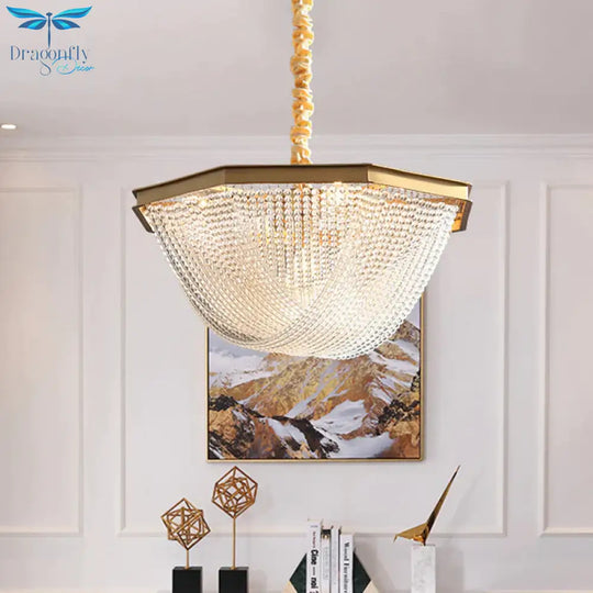 Dome Chandelier Lighting Fixture Postmodern Crystal Strand 5/6 Lights Gold Hanging Lamp