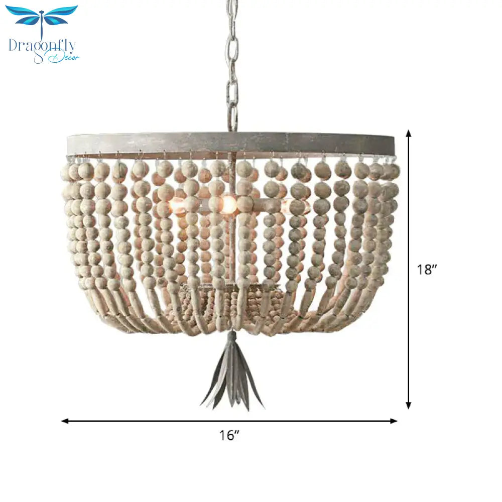 Dome Chandelier Lighting Retro Wood White 3 Bulbs Hanging Ceiling Light With Adjustable Chain