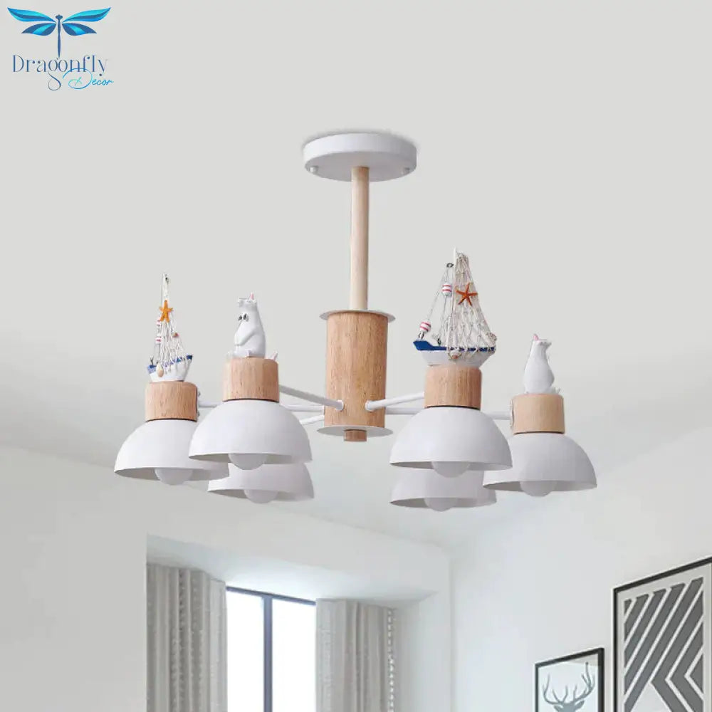 Dome Metallic Chandelier Lighting Cartoon 6 Bulbs Black/White Hanging Ceiling Light With Bear And