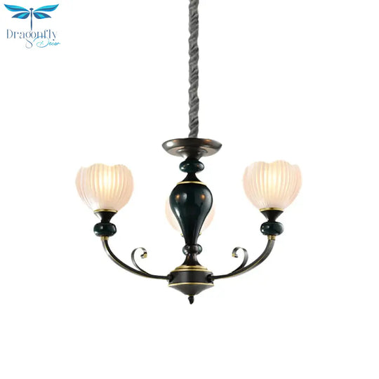 Dome Ribbed Glass Chandelier Traditionalist 3/5 Bulbs Dining Room Down Lighting Pendant In Black