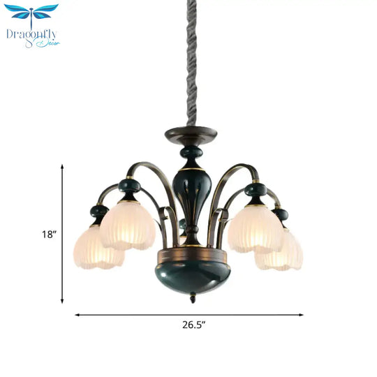Dome Ribbed Glass Chandelier Traditionalist 3/5 Bulbs Dining Room Down Lighting Pendant In Black