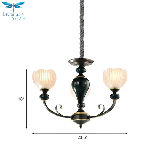 Dome Ribbed Glass Chandelier Traditionalist 3/5 Bulbs Dining Room Down Lighting Pendant In Black
