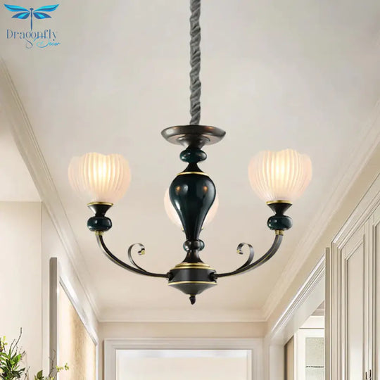 Dome Ribbed Glass Chandelier Traditionalist 3/5 Bulbs Dining Room Down Lighting Pendant In Black
