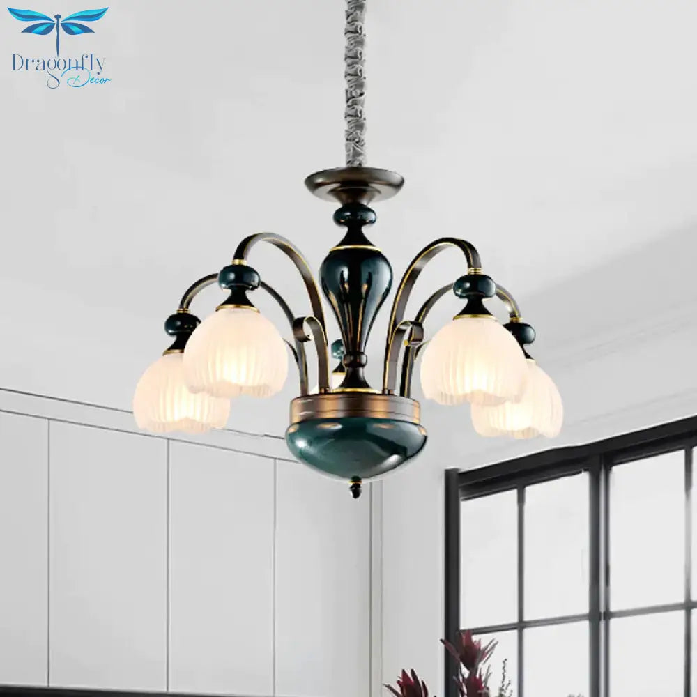 Dome Ribbed Glass Chandelier Traditionalist 3/5 Bulbs Dining Room Down Lighting Pendant In Black