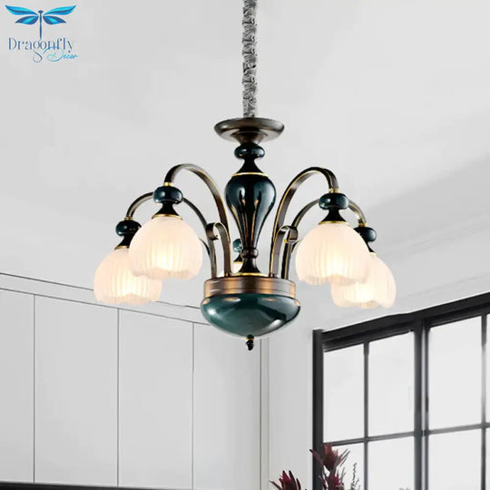 Dome Ribbed Glass Chandelier Traditionalist 3/5 Bulbs Dining Room Down Lighting Pendant In Black