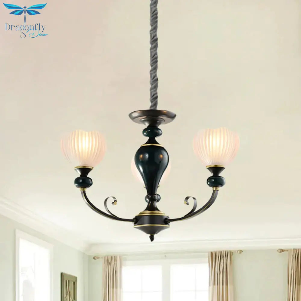 Dome Ribbed Glass Chandelier Traditionalist 3/5 Bulbs Dining Room Down Lighting Pendant In Black