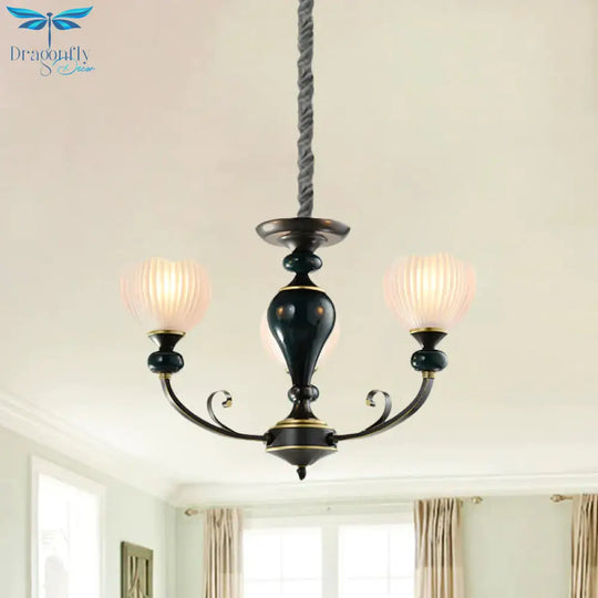Dome Ribbed Glass Chandelier Traditionalist 3/5 Bulbs Dining Room Down Lighting Pendant In Black