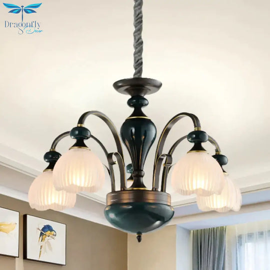 Dome Ribbed Glass Chandelier Traditionalist 3/5 Bulbs Dining Room Down Lighting Pendant In Black