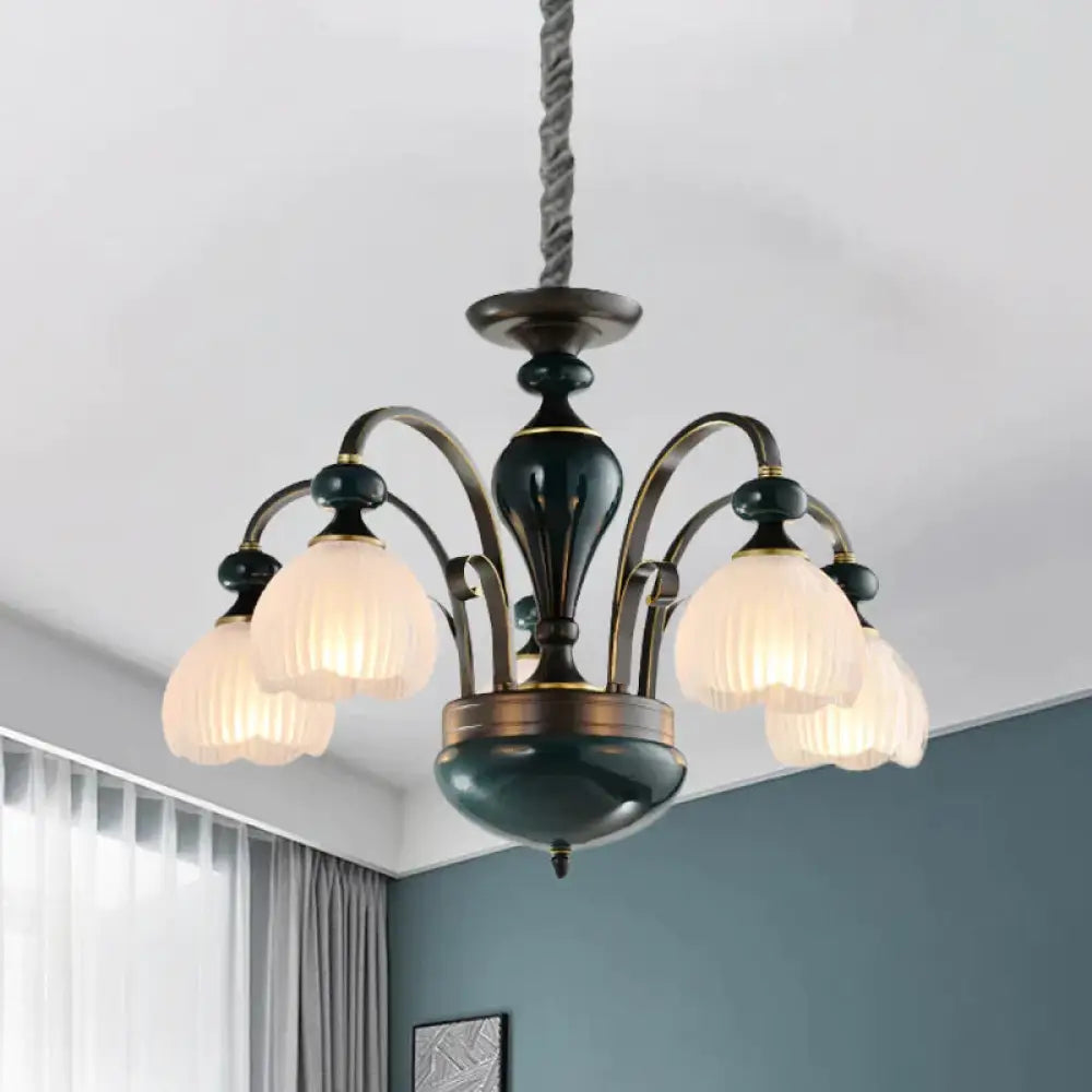 Dome Ribbed Glass Chandelier Traditionalist 3/5 Bulbs Dining Room Down Lighting Pendant In Black 5 /