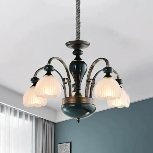 Dome Ribbed Glass Chandelier Traditionalist 3/5 Bulbs Dining Room Down Lighting Pendant In Black 5 /