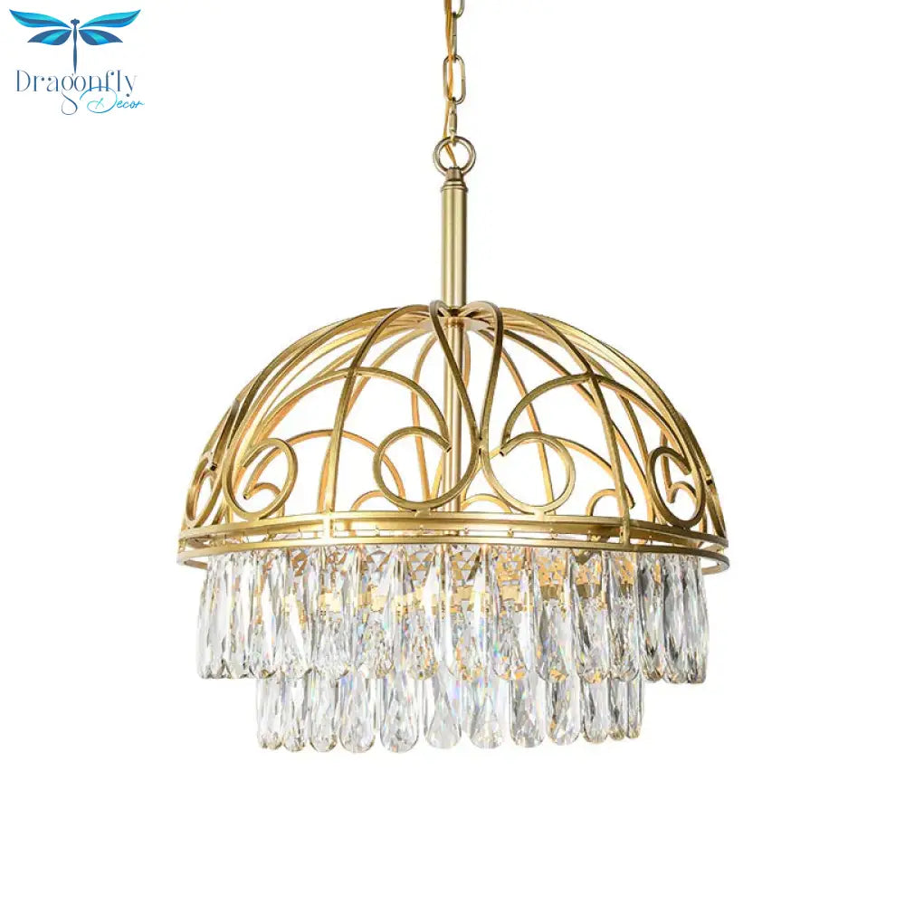 Domed Crystal Chandelier Lamp Lodge 6 Lights Living Room Ceiling Hang Fixture In Gold