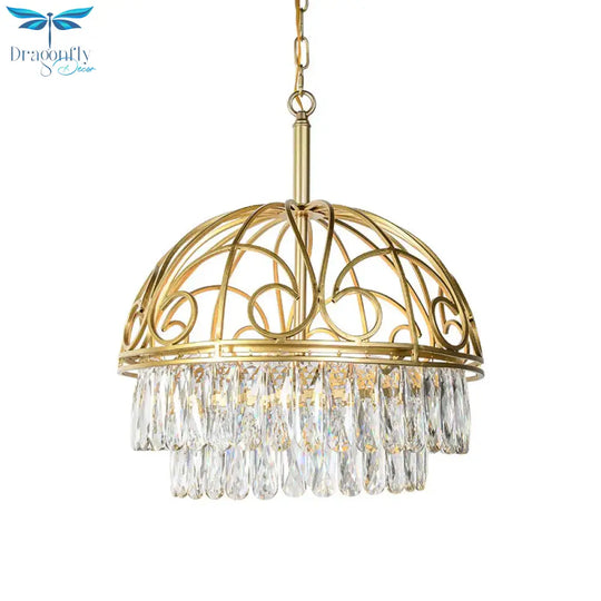 Domed Crystal Chandelier Lamp Lodge 6 Lights Living Room Ceiling Hang Fixture In Gold