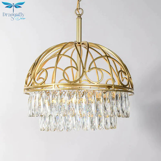 Domed Crystal Chandelier Lamp Lodge 6 Lights Living Room Ceiling Hang Fixture In Gold