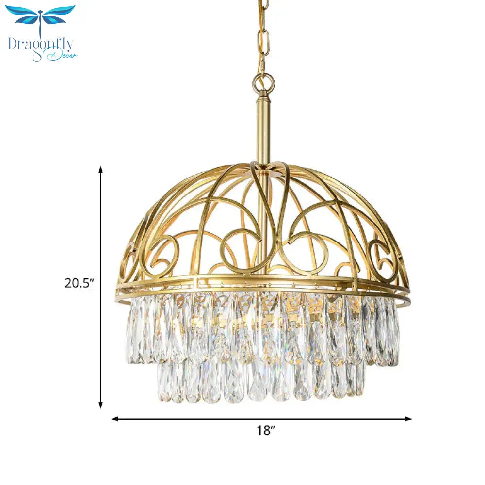 Domed Crystal Chandelier Lamp Lodge 6 Lights Living Room Ceiling Hang Fixture In Gold