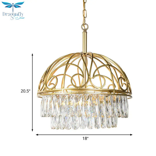 Domed Crystal Chandelier Lamp Lodge 6 Lights Living Room Ceiling Hang Fixture In Gold