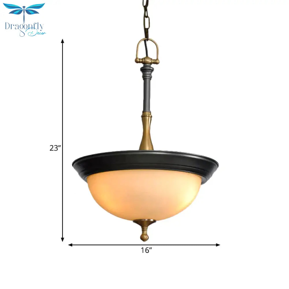 Domed White Glass Chandelier Lighting Fixture Traditional 3 Heads Living Room Drop Pendant In Black