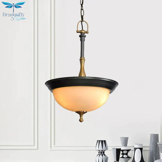 Domed White Glass Chandelier Lighting Fixture Traditional 3 Heads Living Room Drop Pendant In Black