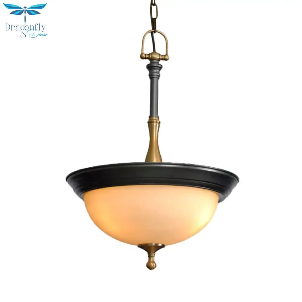 Domed White Glass Chandelier Lighting Fixture Traditional 3 Heads Living Room Drop Pendant In Black