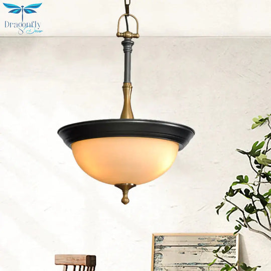 Domed White Glass Chandelier Lighting Fixture Traditional 3 Heads Living Room Drop Pendant In Black