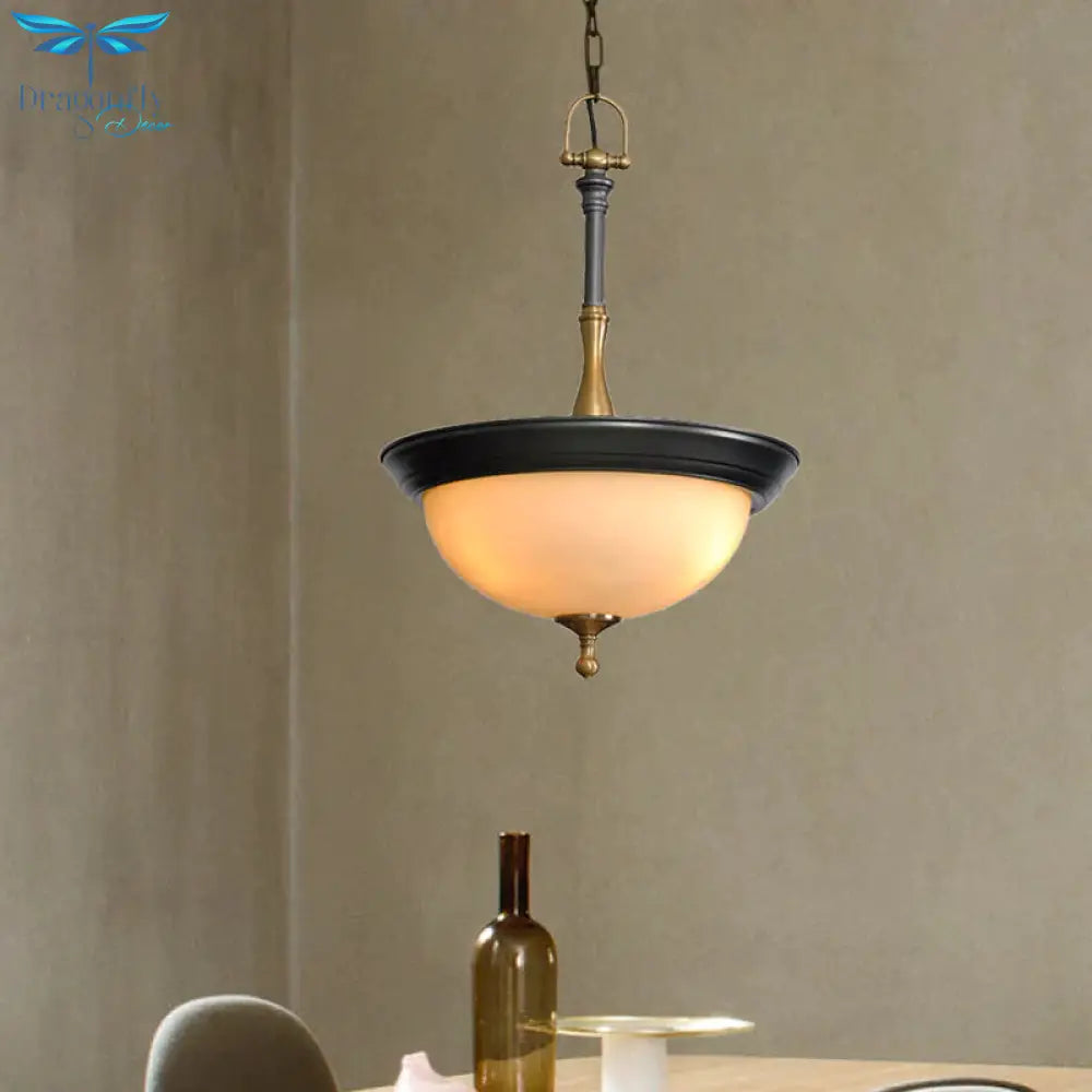 Domed White Glass Chandelier Lighting Fixture Traditional 3 Heads Living Room Drop Pendant In Black