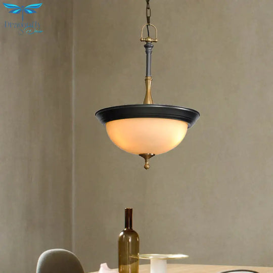 Domed White Glass Chandelier Lighting Fixture Traditional 3 Heads Living Room Drop Pendant In Black