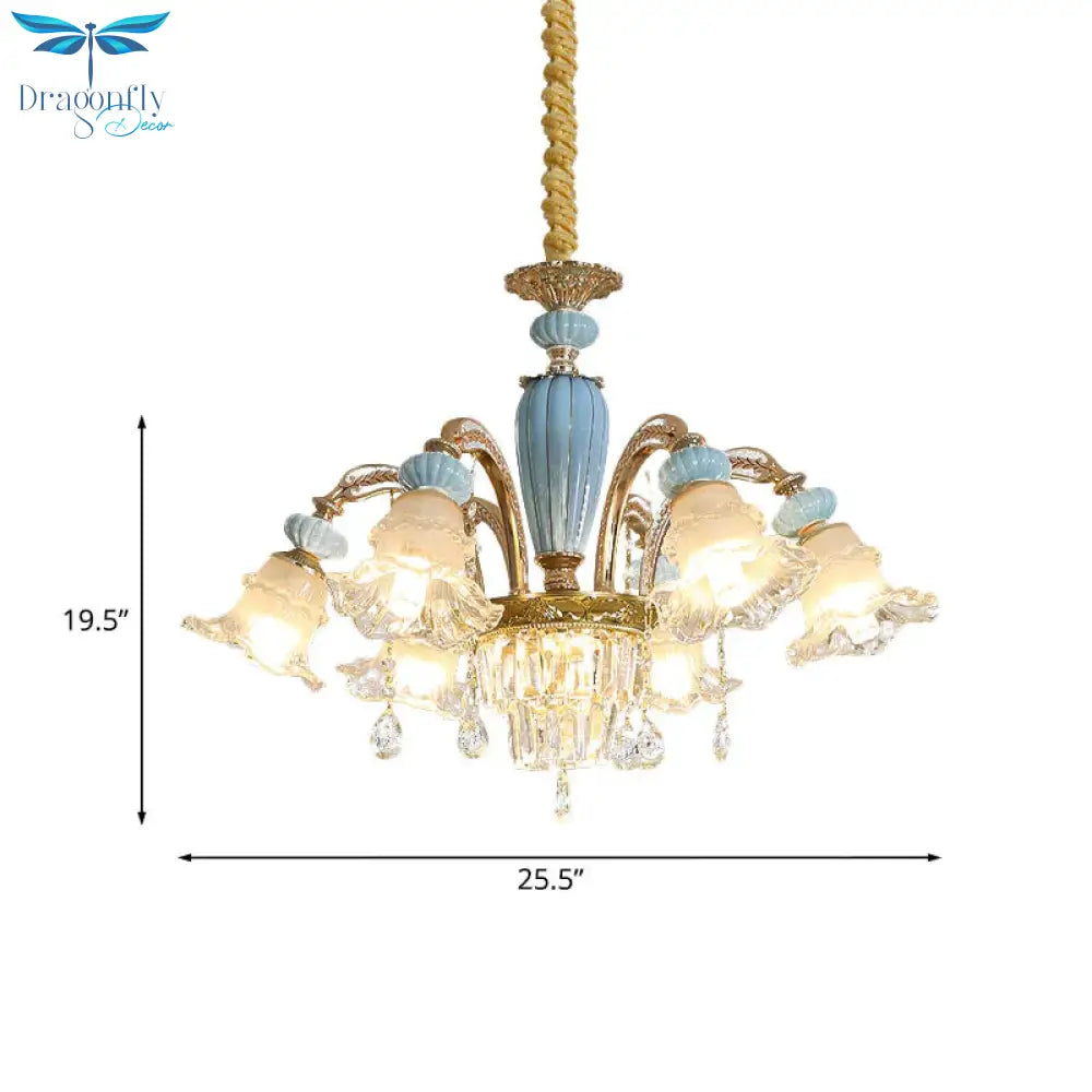 Drooping Flower Frosted Glass Drop Lamp Rustic 6 Heads Bedroom Ceiling Chandelier In Blue