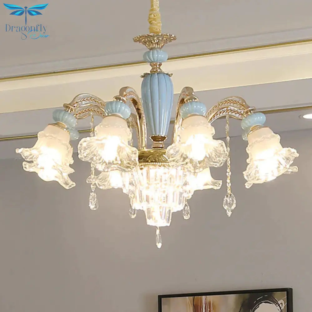 Drooping Flower Frosted Glass Drop Lamp Rustic 6 Heads Bedroom Ceiling Chandelier In Blue