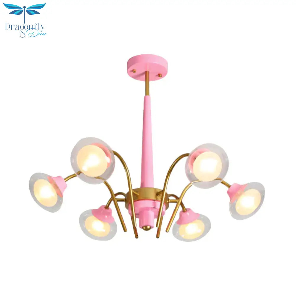 Drooping Hanging Chandelier Macaron Metal 6 Bulbs Kids Bedroom Ceiling Pendant In Pink/Blue With