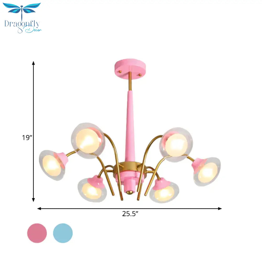 Drooping Hanging Chandelier Macaron Metal 6 Bulbs Kids Bedroom Ceiling Pendant In Pink/Blue With