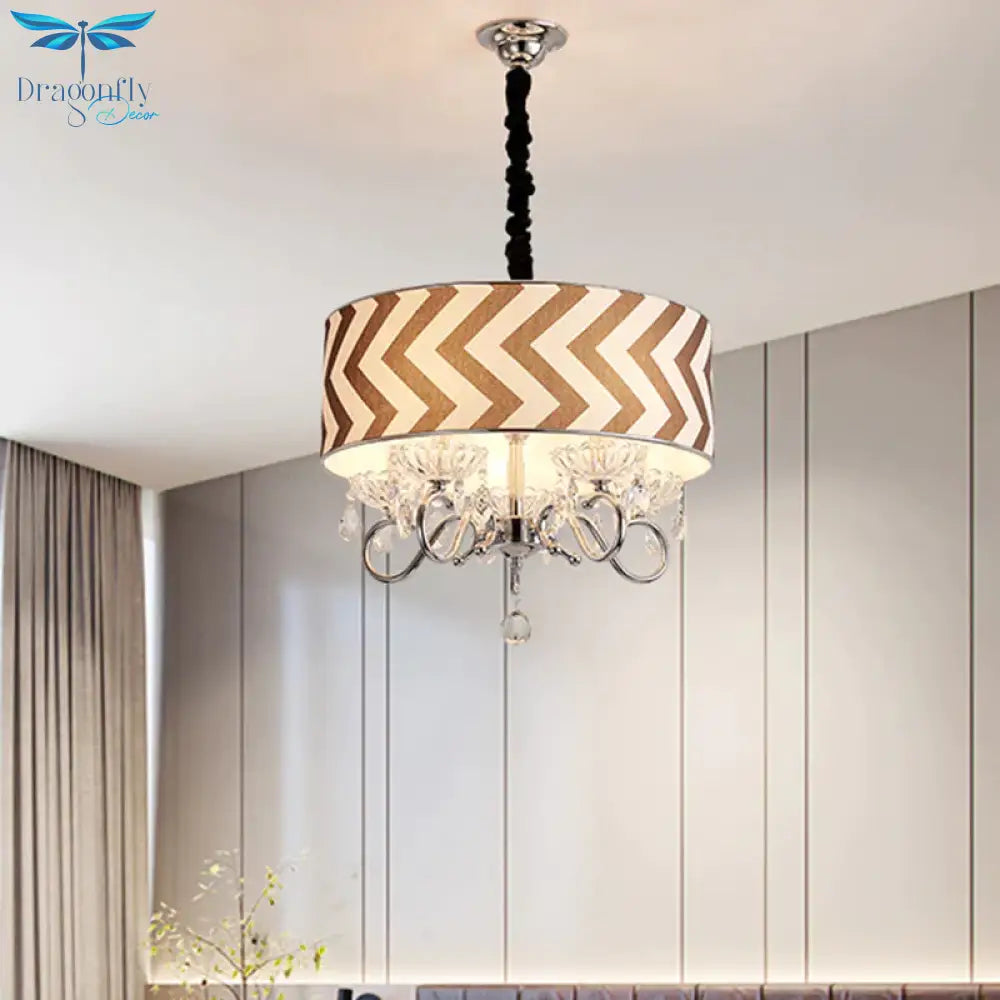 Drum Beige Fabric Chandelier Lamp Traditional 5 Heads Bedroom Hanging Light Fixture With Crystal