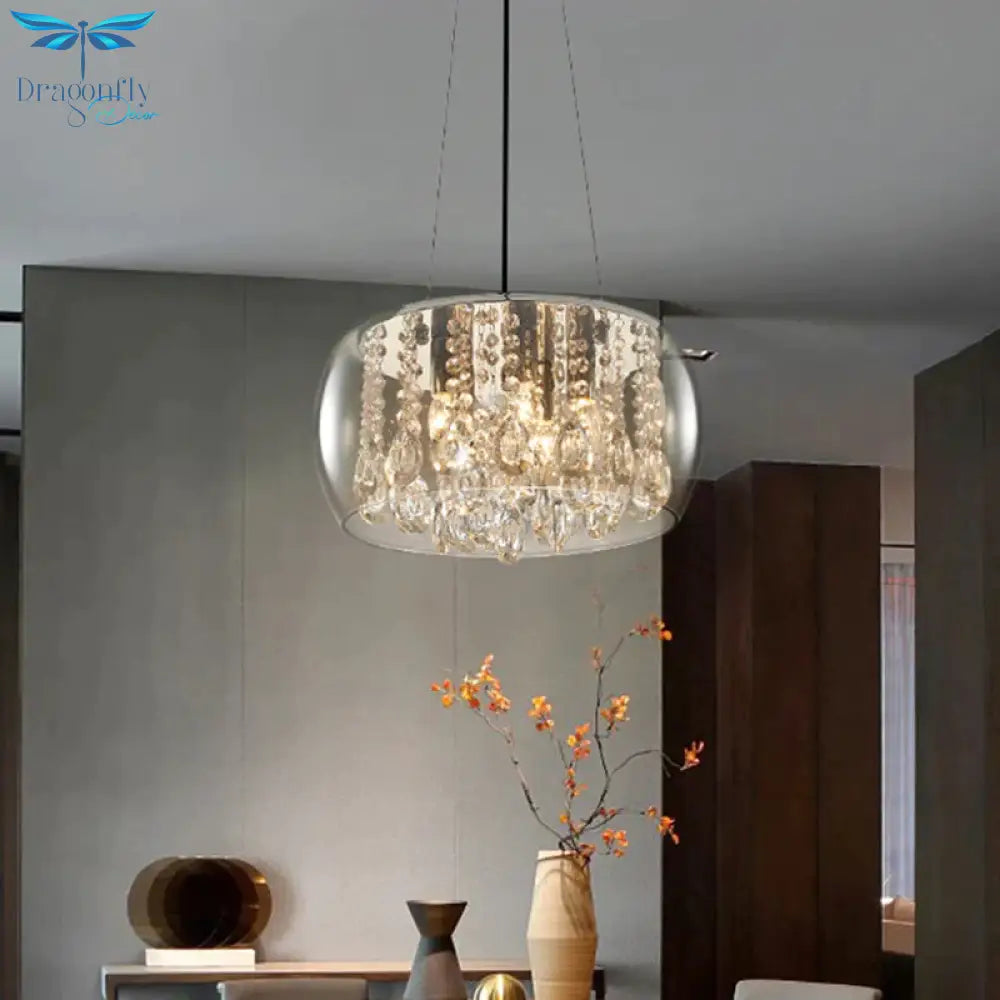 Drum Dining Room Chandelier Lighting Simple Style Crystal Drop 3 Heads Suspension Lamp With