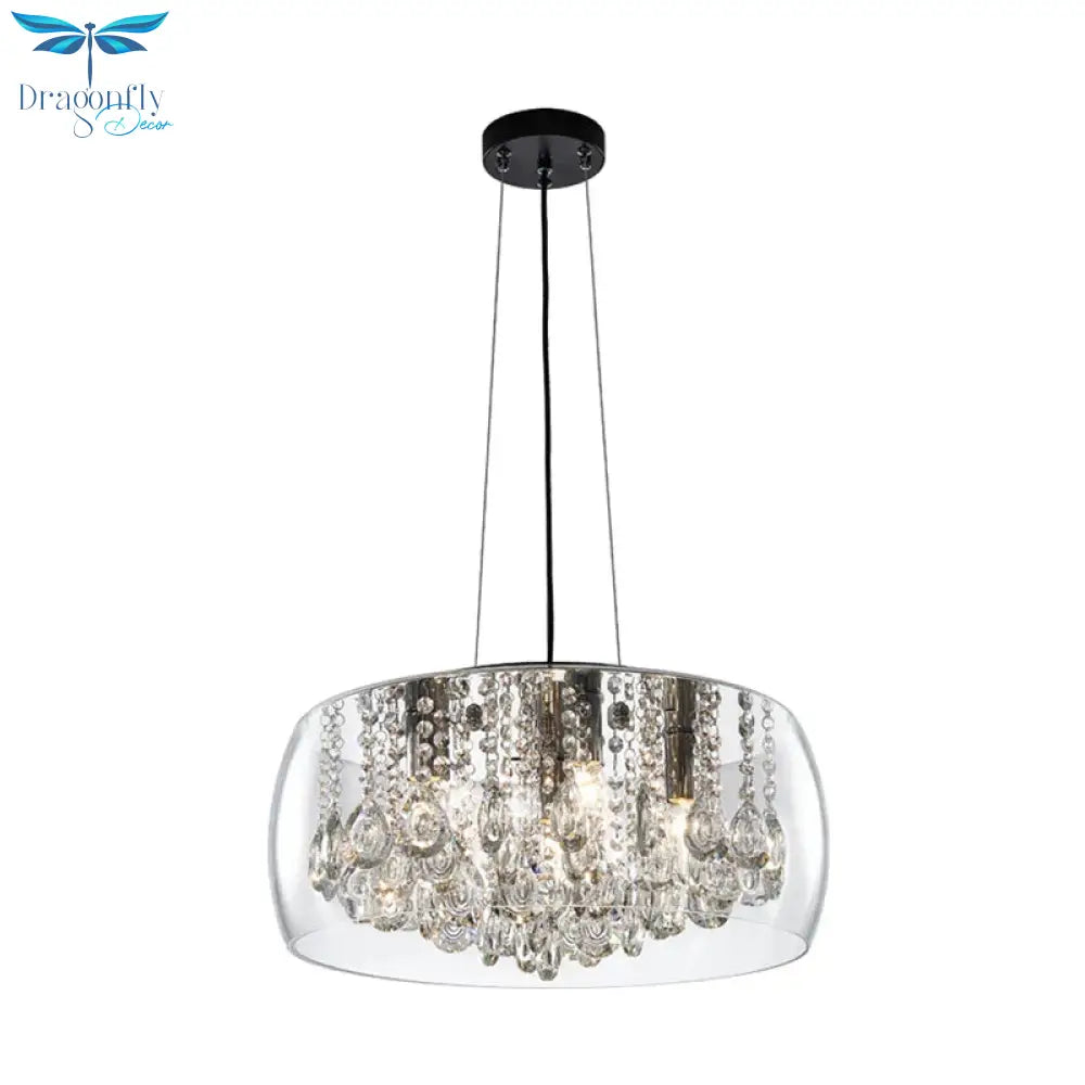 Drum Dining Room Chandelier Lighting Simple Style Crystal Drop 3 Heads Suspension Lamp With