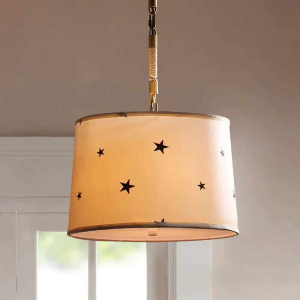 Drum Fabric Chandelier Light Fixture Kids 5 Bulbs Beige Suspension Lighting With Star Pattern For