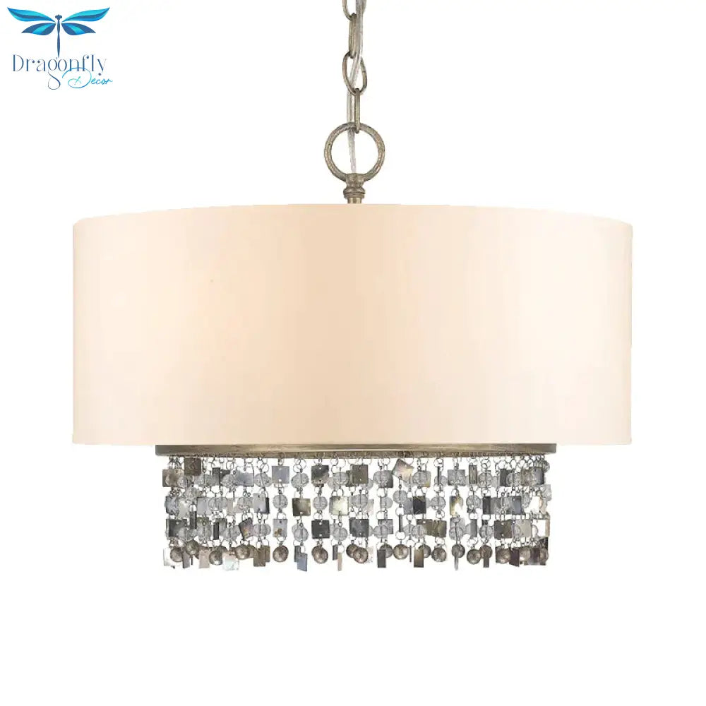 Drum Fabric Chandelier Light Traditional 5 - Bulb Living Room Hanging Lamp In White With Crystal